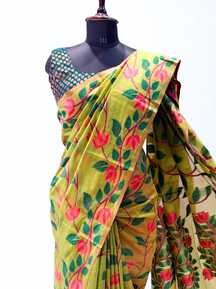 Pastel Parrot Green Pure Cotton Saree
