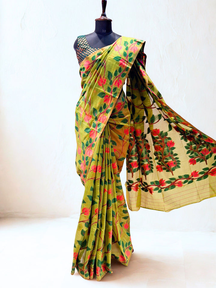 Pastel Parrot Green Pure Cotton Saree