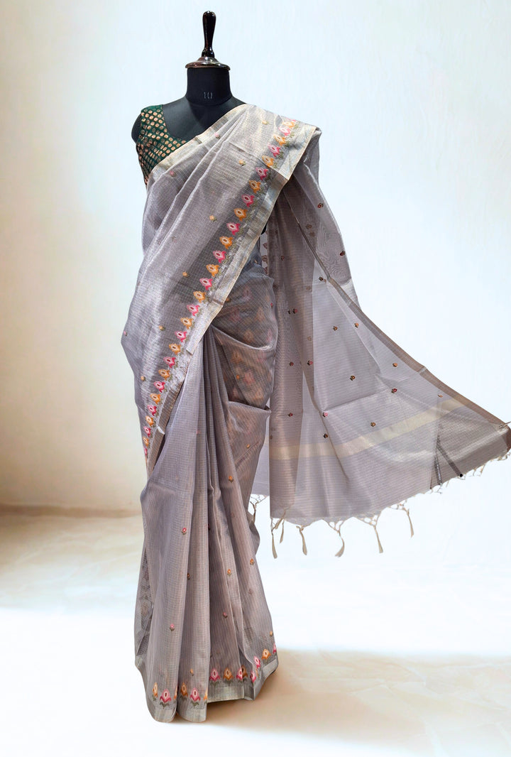 Smoky Grey Kota Doria Saree
