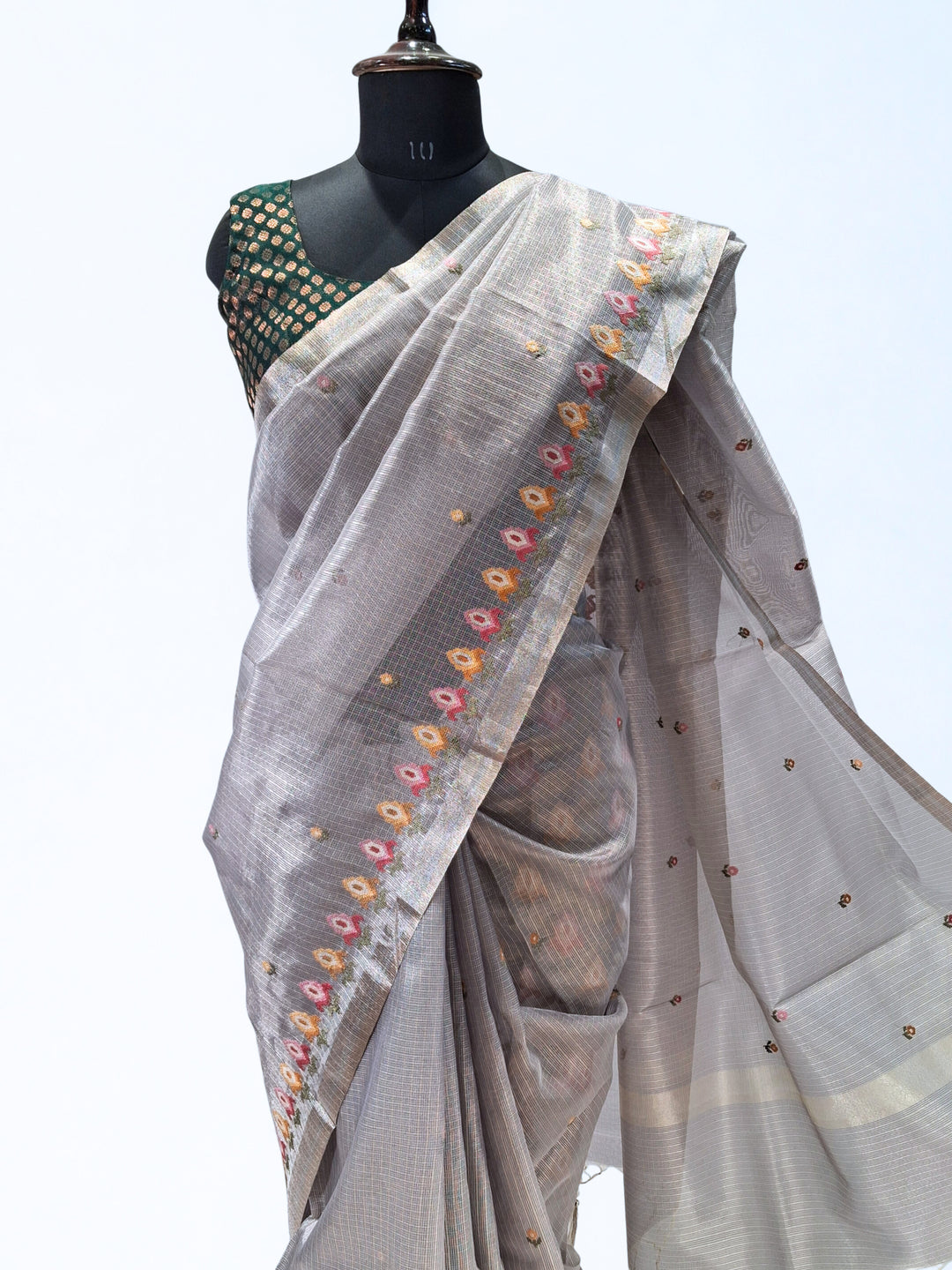 Smoky Grey Kota Doria Saree