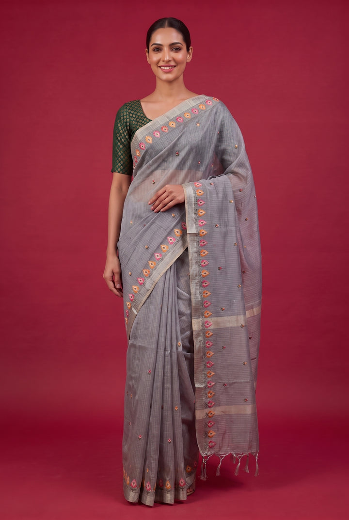 Smoky Grey Kota Doria Saree