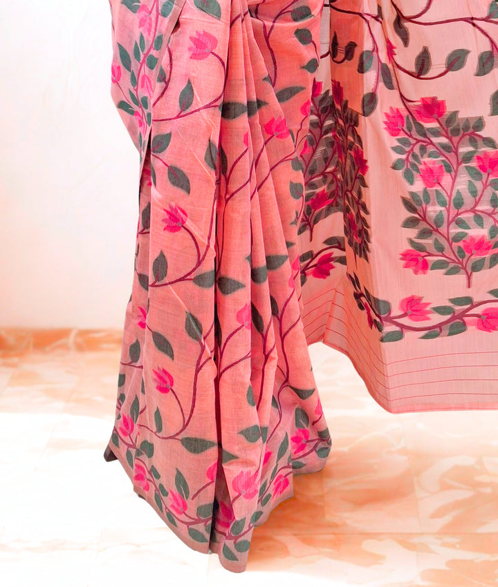 Pastel Peach Pink Pure Cotton Saree