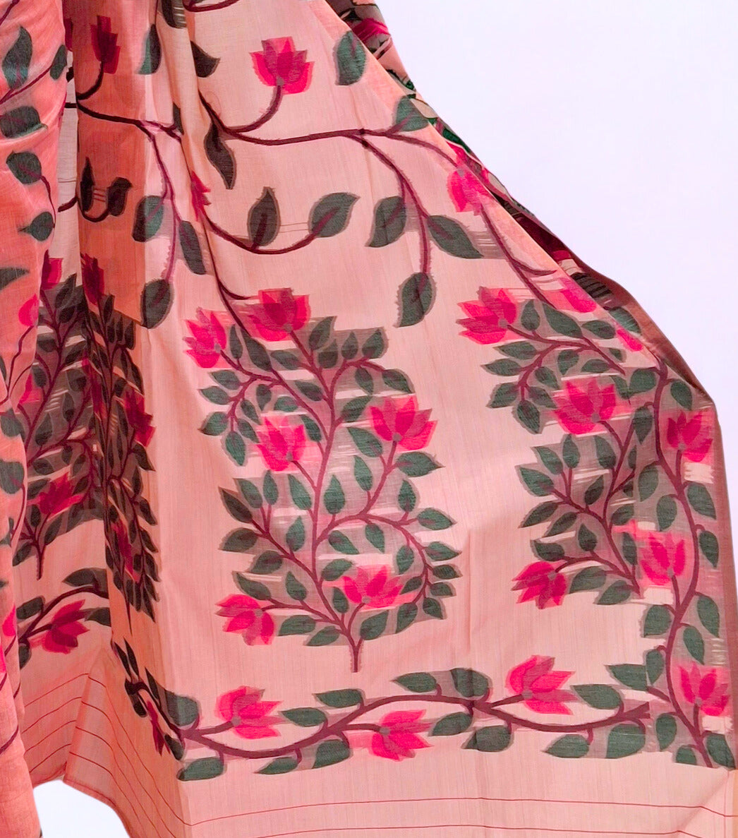 Pastel Peach Pink Pure Cotton Saree