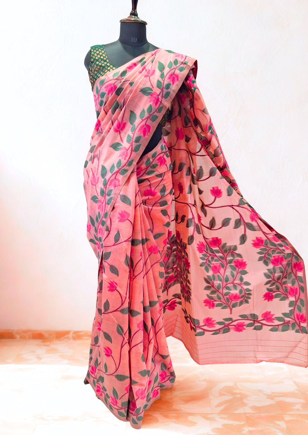 Pastel Peach Pink Pure Cotton Saree