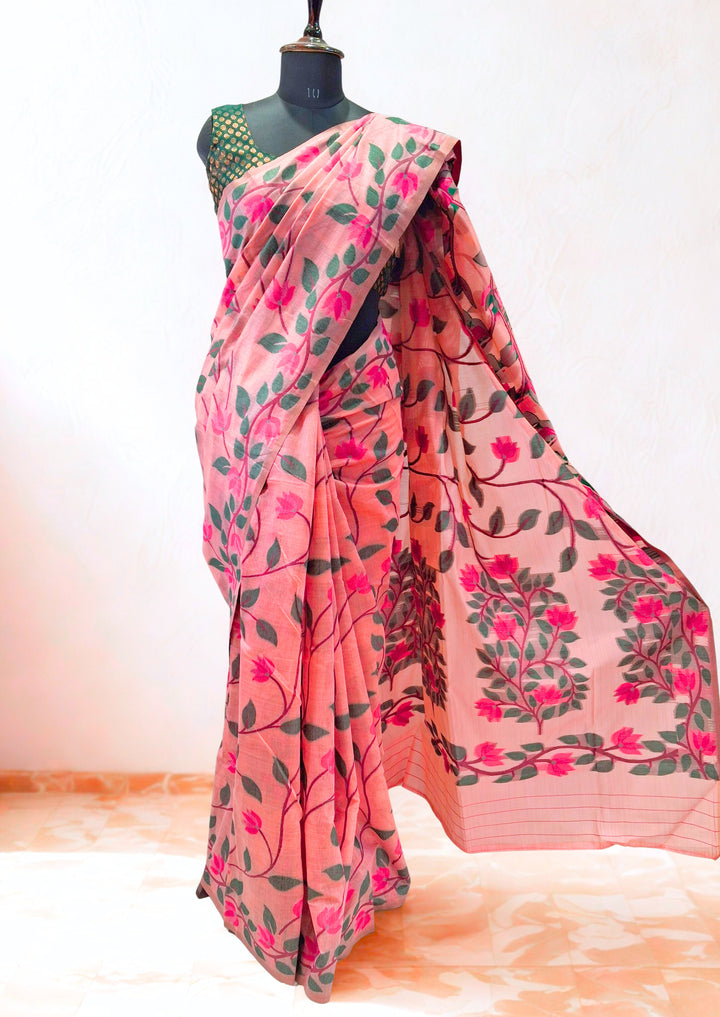 Pastel Peach Pink Pure Cotton Saree