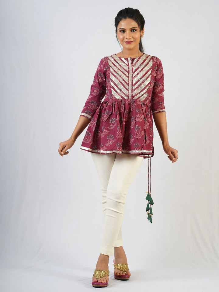 Maroon Hand Block Print Short Top with Gota Patti