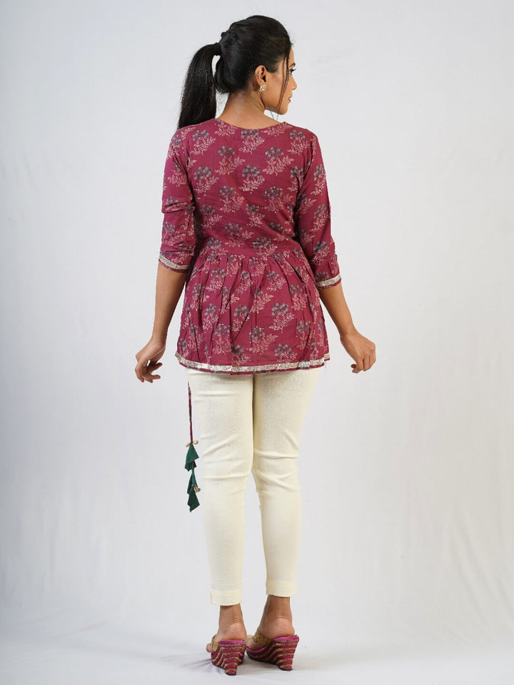 Maroon Hand Block Print Short Top with Gota Patti