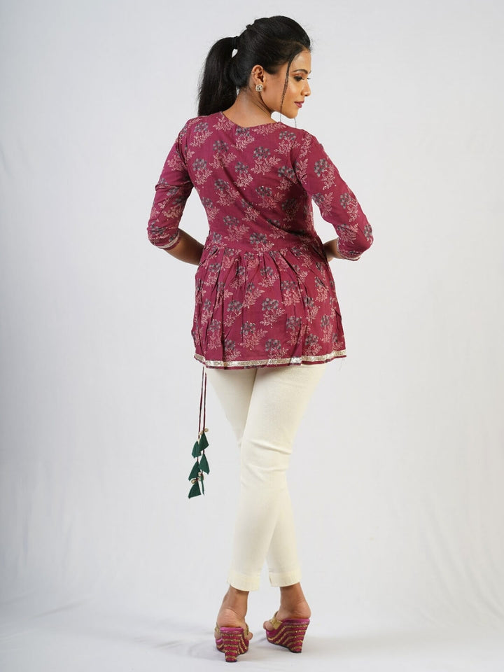 Maroon Hand Block Print Short Top with Gota Patti