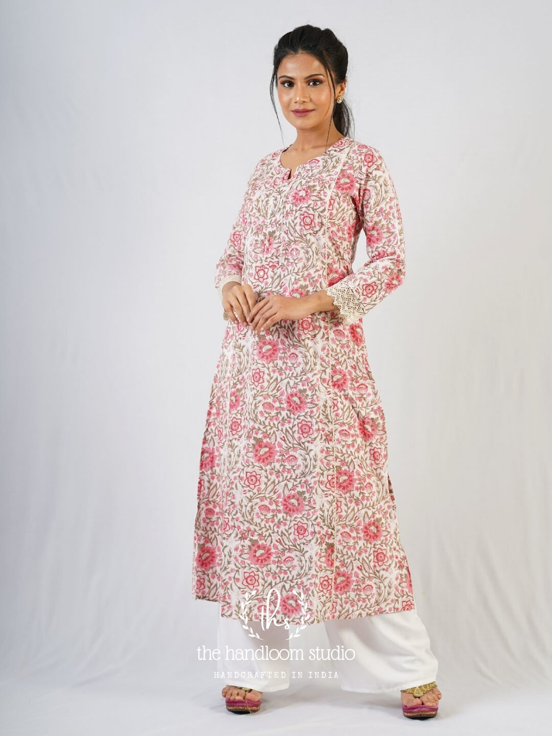 Pink handblocked printed jamdani kurta