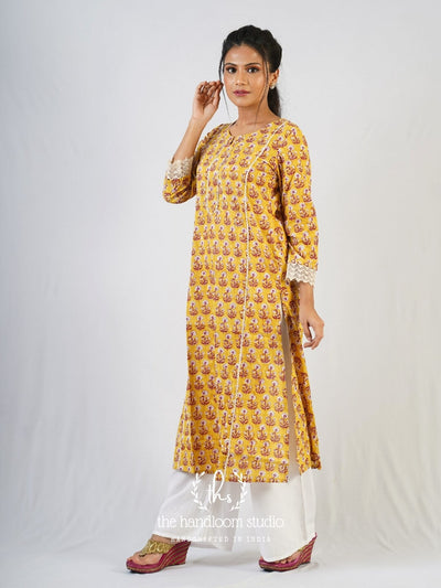 Yellow handblocked printed jamdani kurta