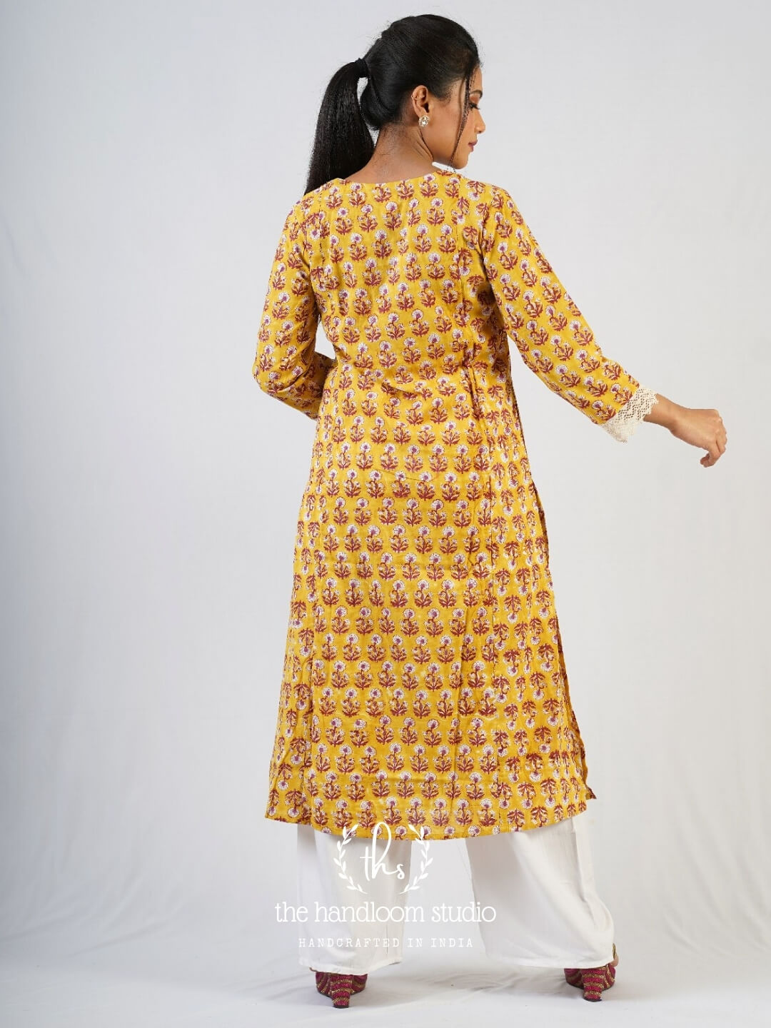 Yellow handblocked printed jamdani kurta