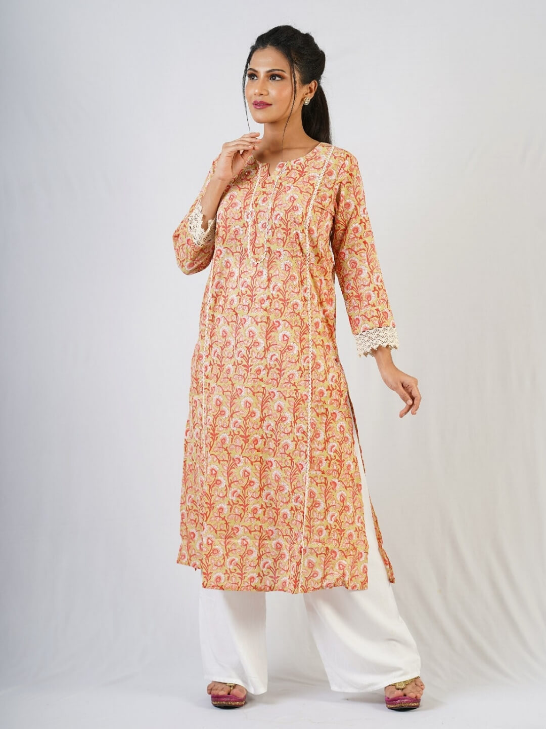 Orange Hand Block Printed Kurta