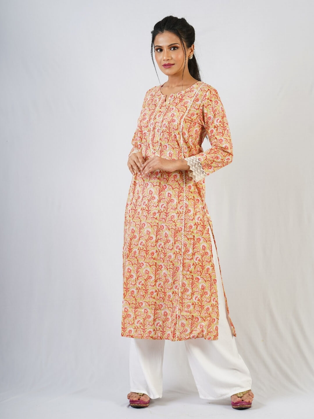 Orange Hand Block Printed Kurta