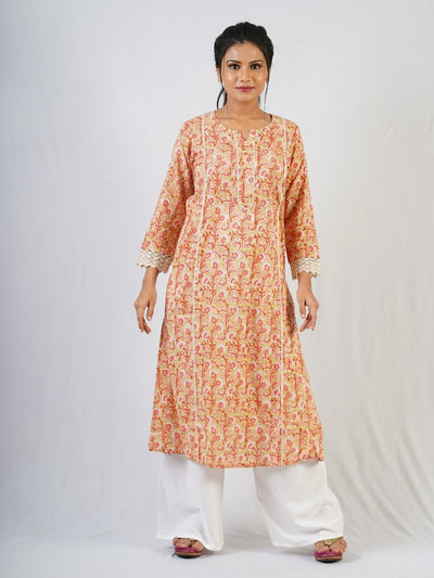 Orange Hand Block Printed Kurta