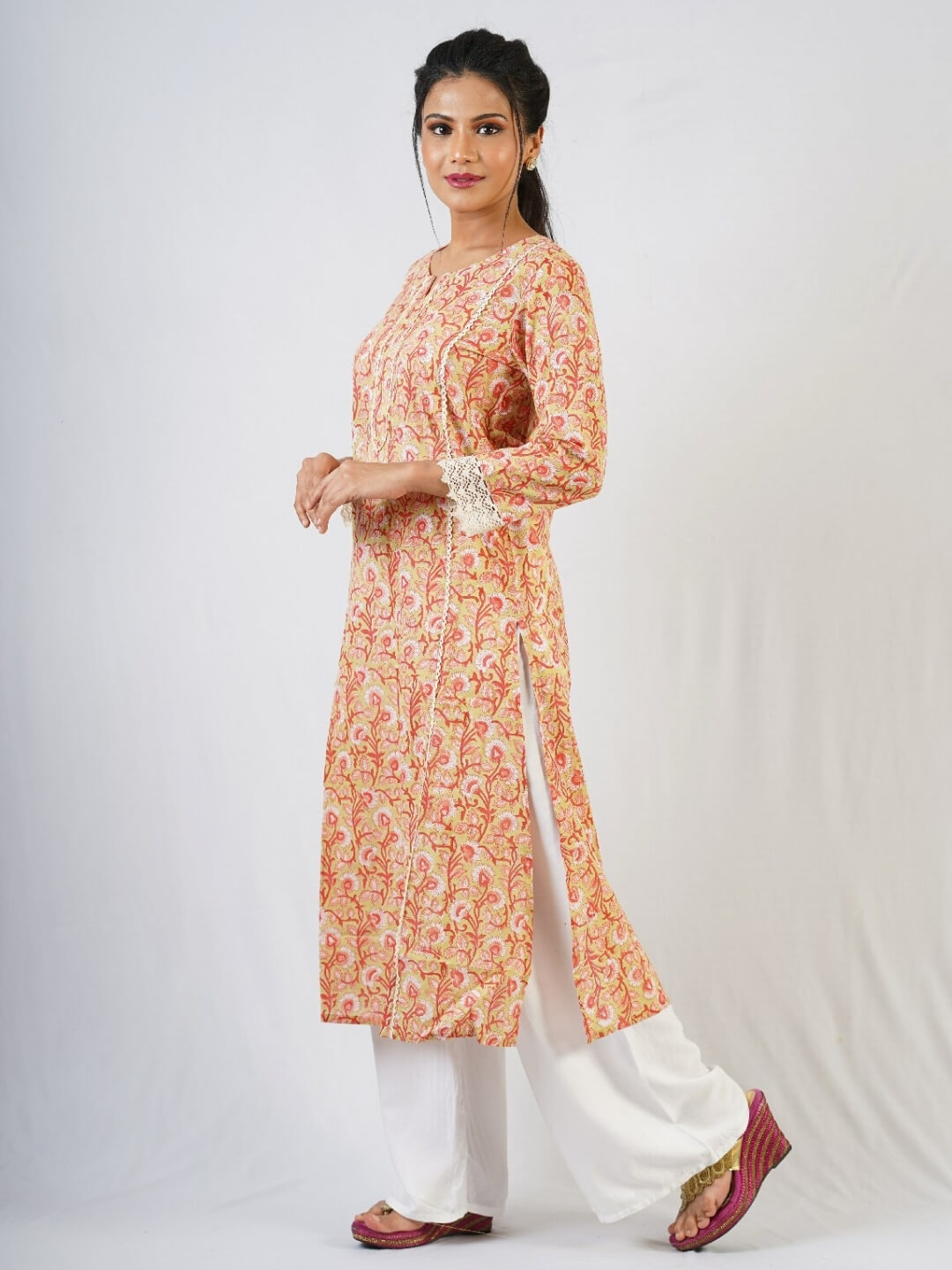 Orange Hand Block Printed Kurta