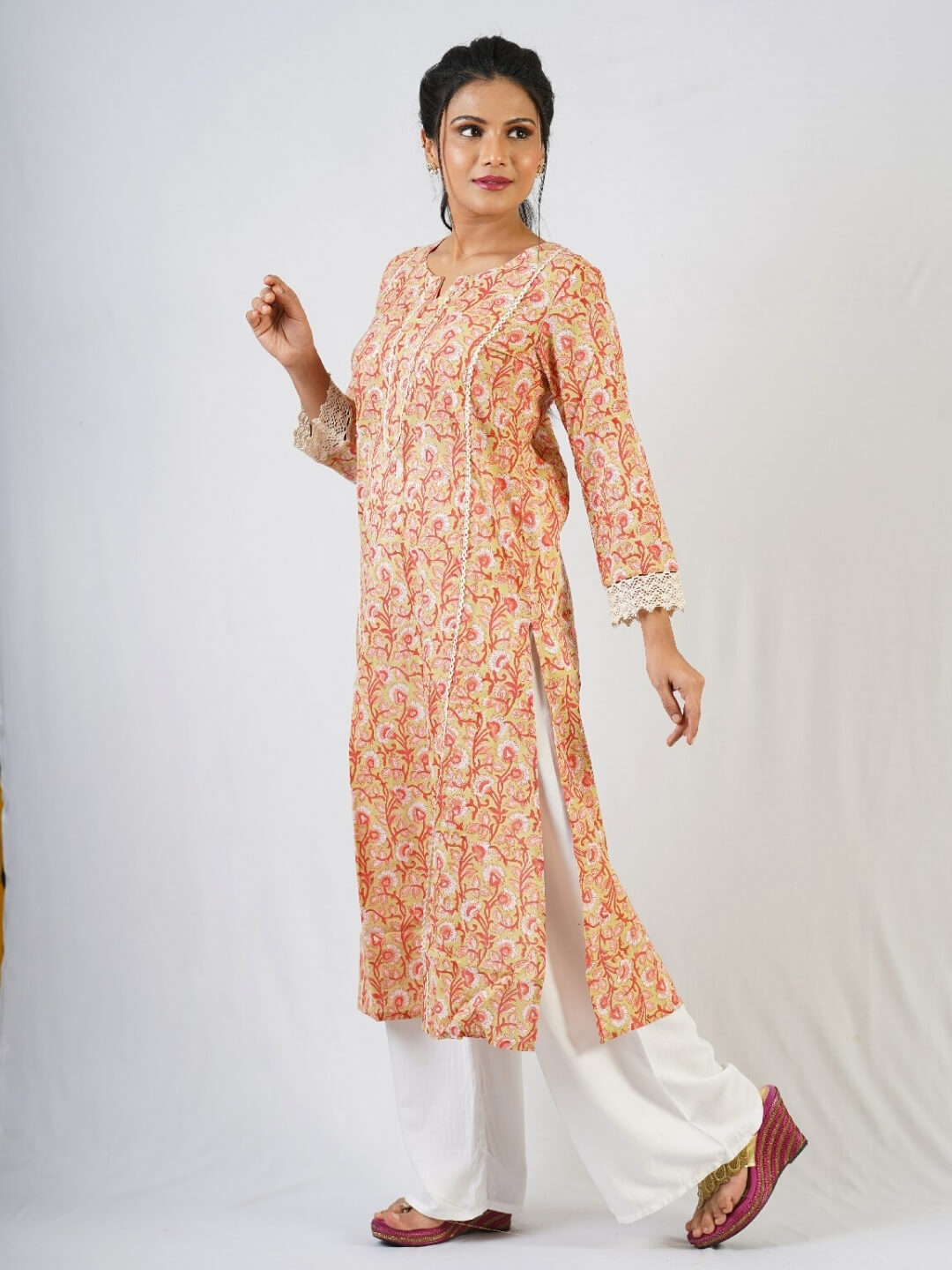 Orange Hand Block Printed Kurta