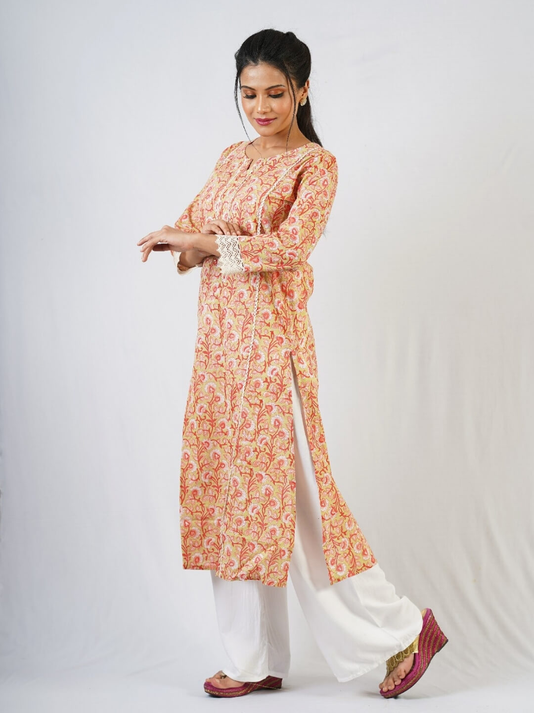 Orange Hand Block Printed Kurta