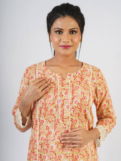 Orange Hand Block Printed Kurta