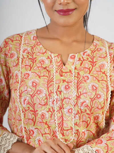 Orange Hand Block Printed Kurta