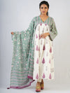 Offwhite Hand Blocked Printed Kurta with Green Dupatta