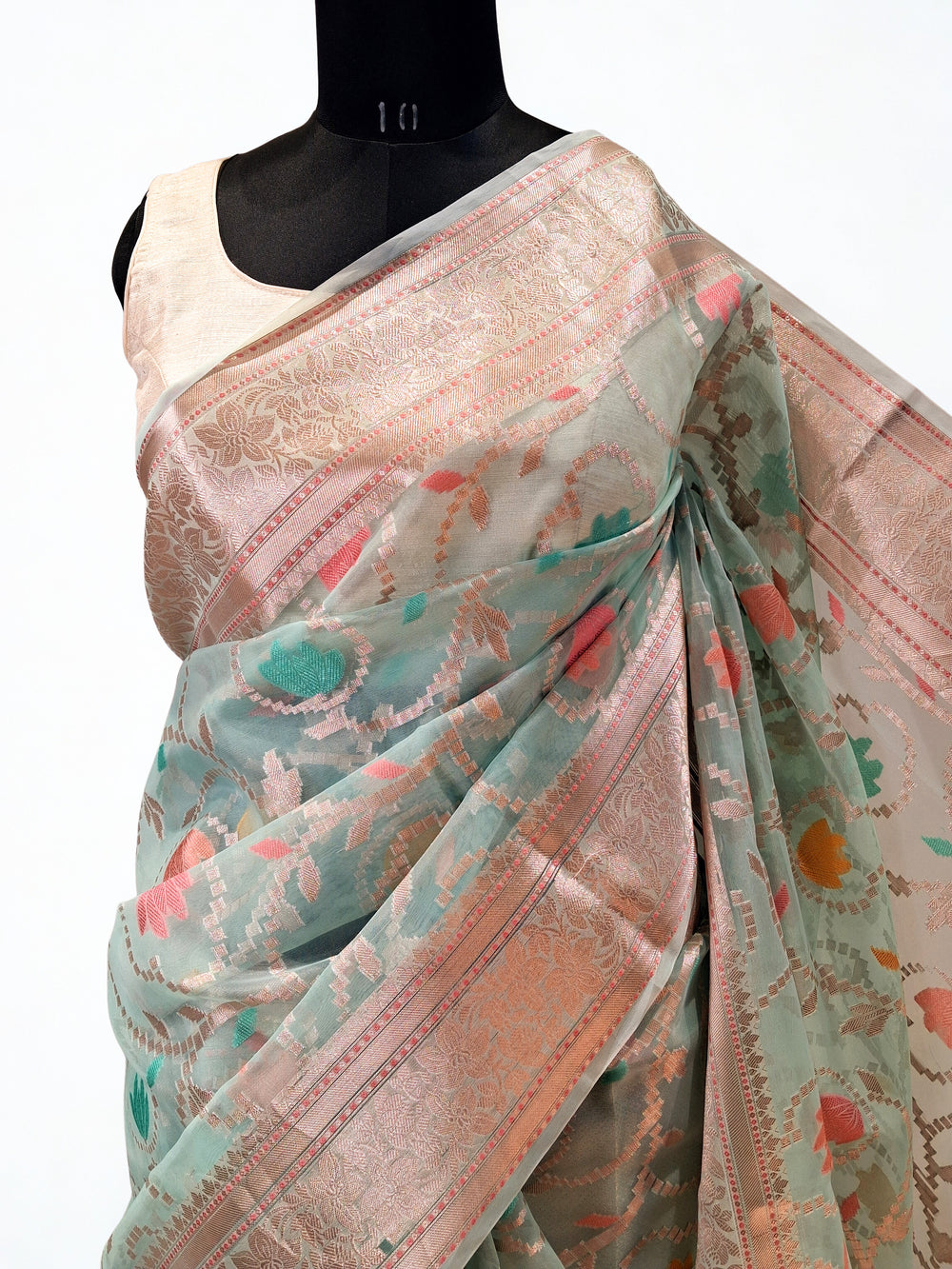 Pastel Mint Floral Tissue Saree