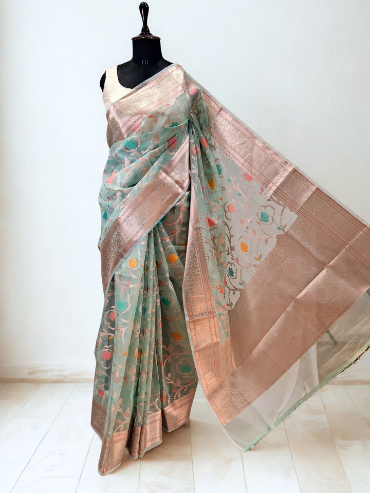 Pastel Mint Floral Tissue Saree