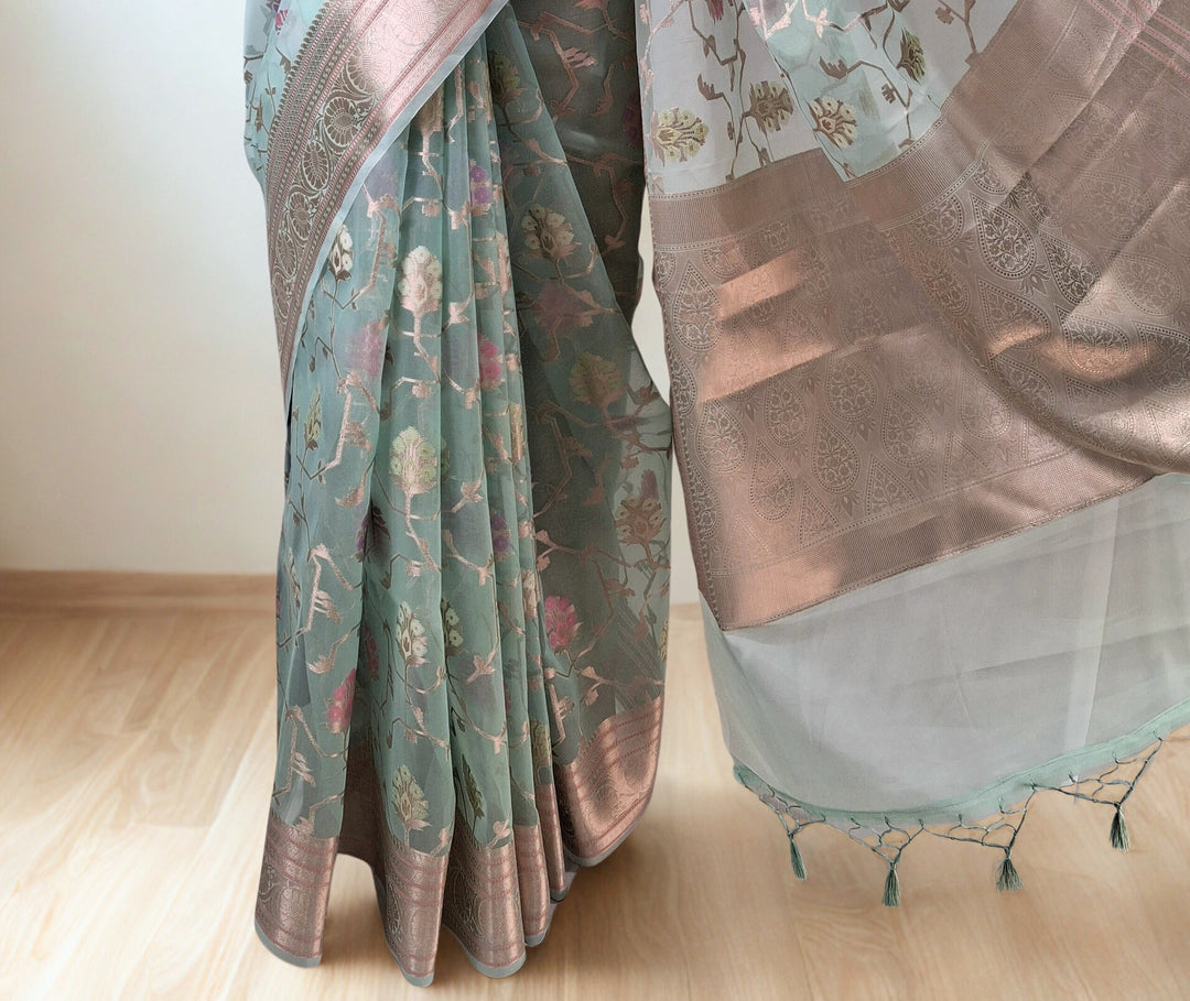 Pastel Sea Green Tissue Saree