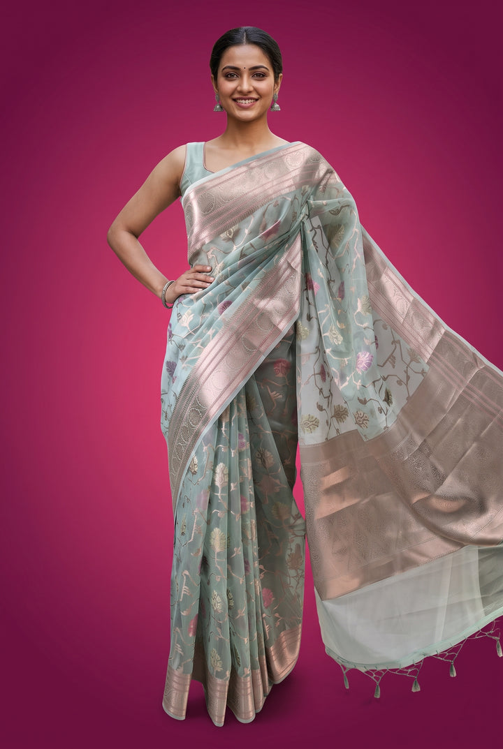 Pastel sea green organza saree