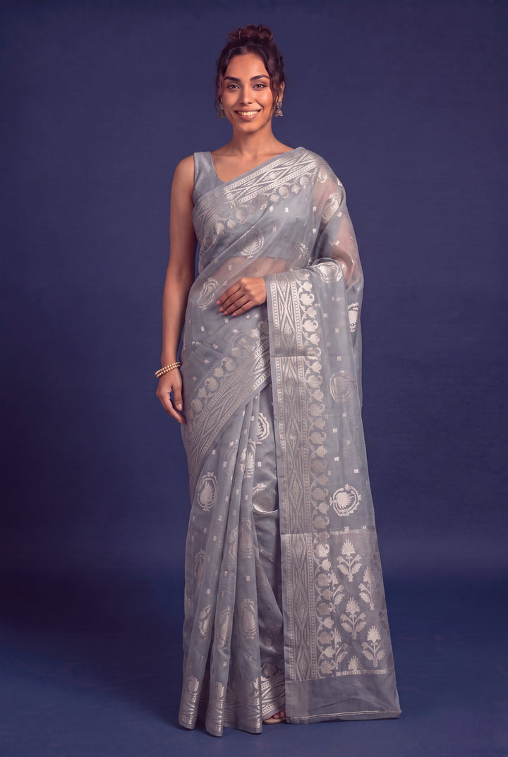 Silver Grey Tissue Silk Saree