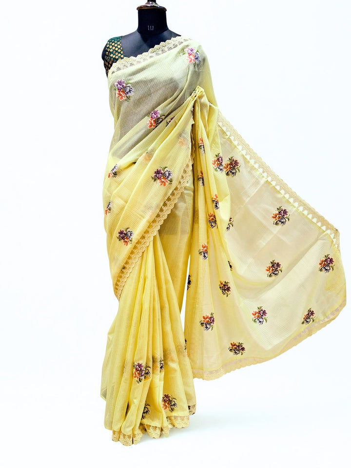 Soft pastel yellow kota doria saree