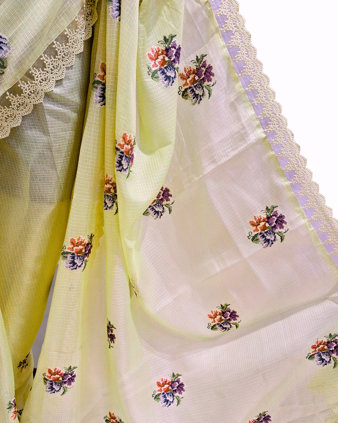 Soft pastel yellow kota doria saree
