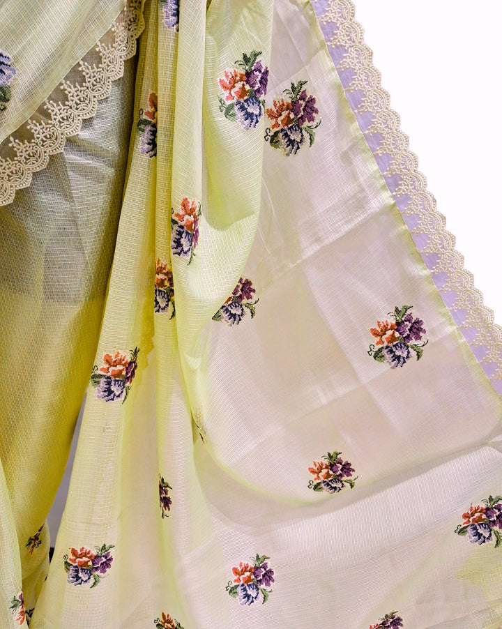 Soft pastel yellow kota doria saree