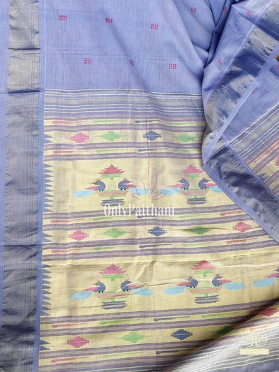 Bluish grey cotton paithani with traditional pallu