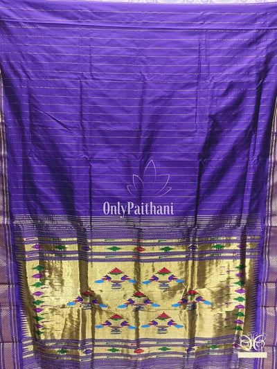 Navy blue silk paithani with horizontal strips all over