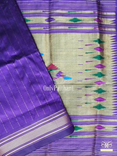 Navy blue silk paithani with horizontal strips all over