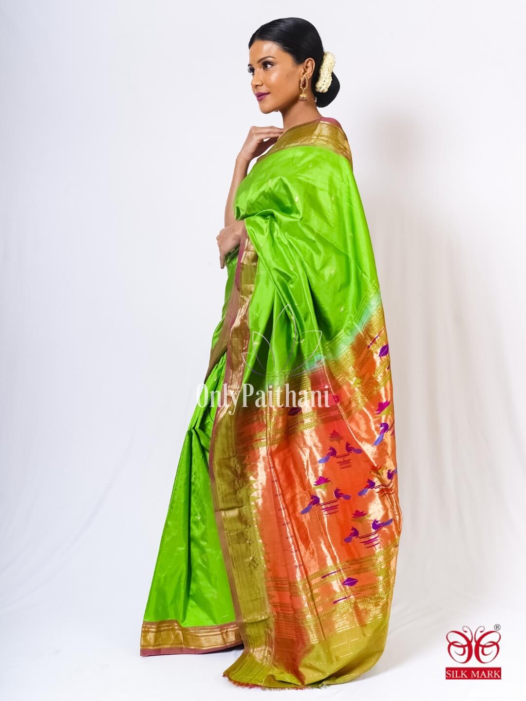 Parrot green traditional silk paithani saree