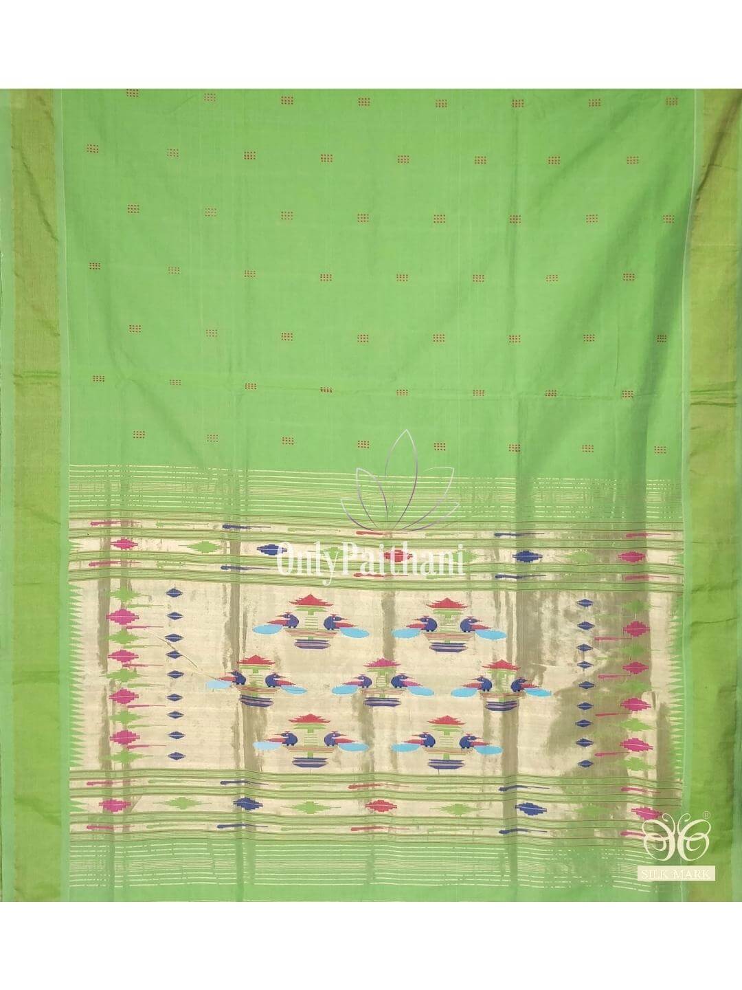 Parrot green cotton Paithani with traditional pallu