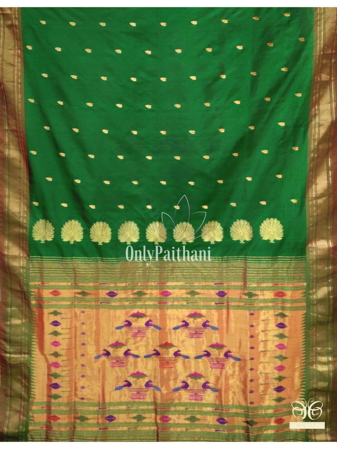 Bottle green silk paithani with maroon border and extra peacock border