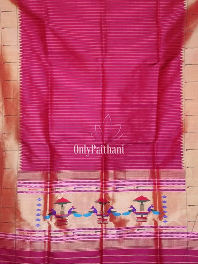 Pink muniya border silk paithani dupatta with horizonal strips all over
