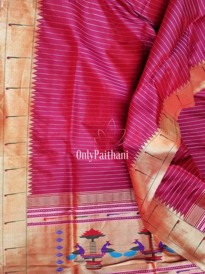 Pink muniya border silk paithani dupatta with horizonal strips all over