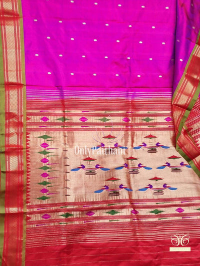 Purple double pallu silk paithani with green border