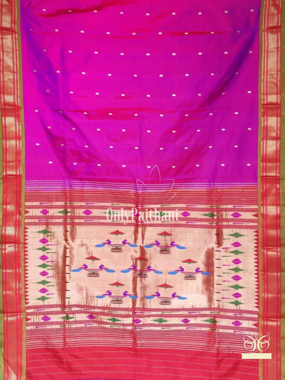 Purple double pallu silk paithani with green border