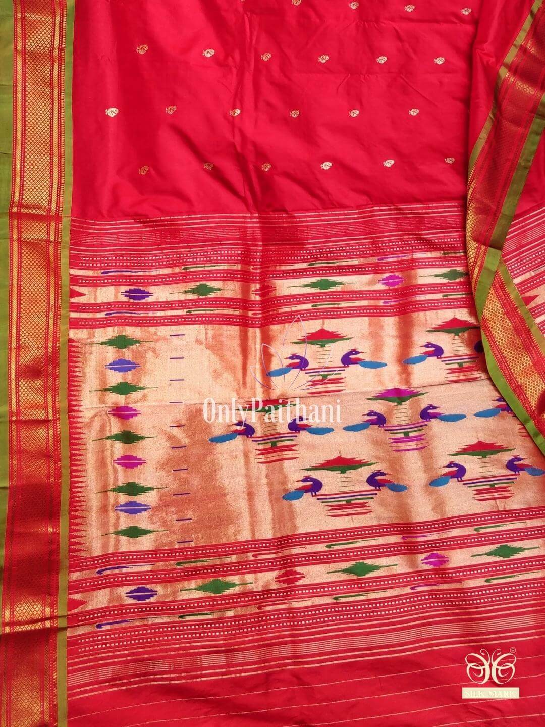 Red peacock butti silk paithani with green border