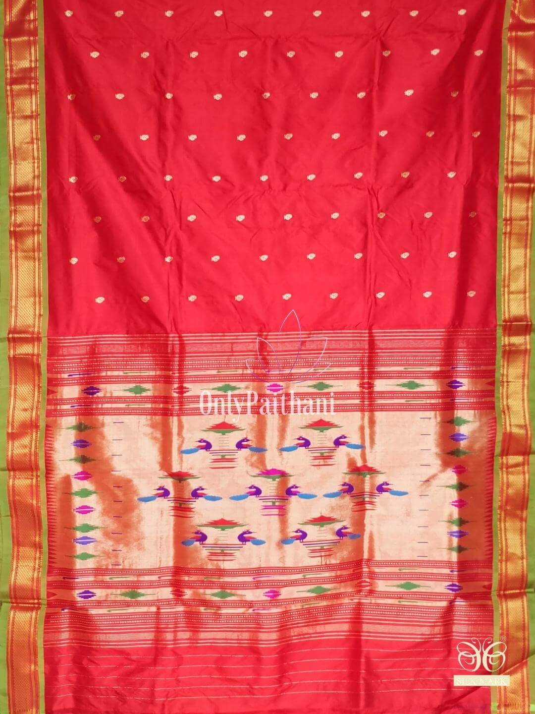 Red peacock butti silk paithani with green border