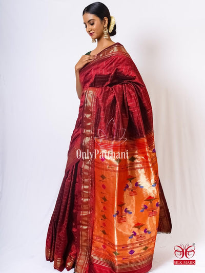 Maroon checks handwoven silk paithani saree