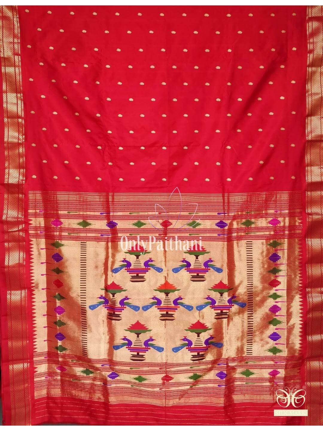 Red double pallu silk paithani in single color