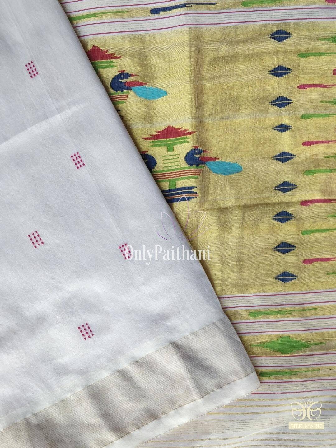 White cotton Paithani with traditional pallu