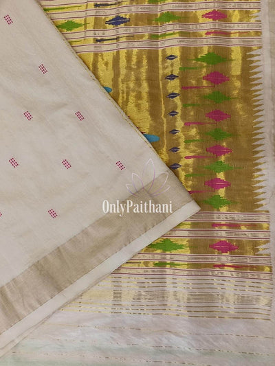 Off-White Cotton Paithani with traditional pallu
