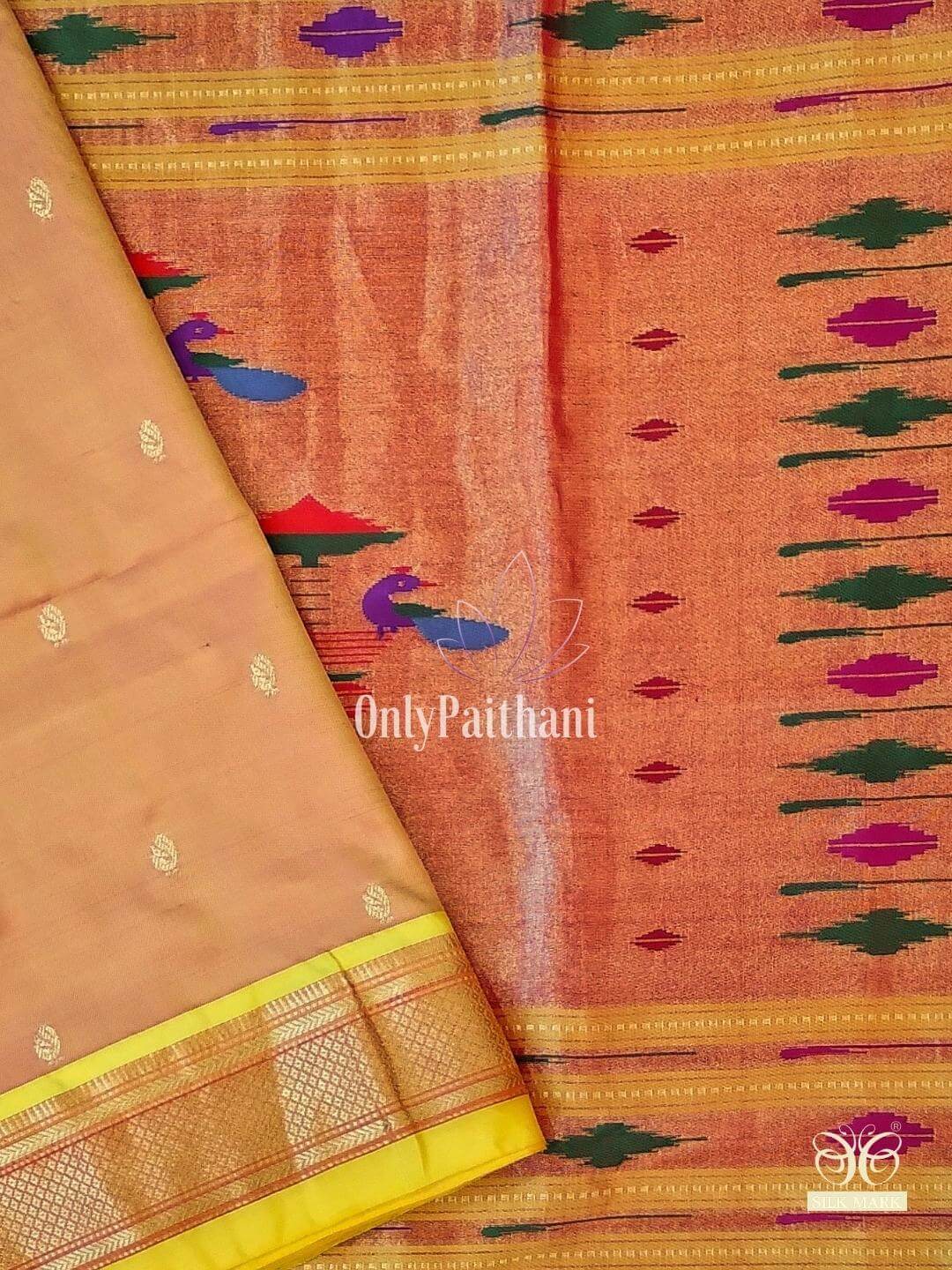 Two tone peach pure silk paithani with yellow border