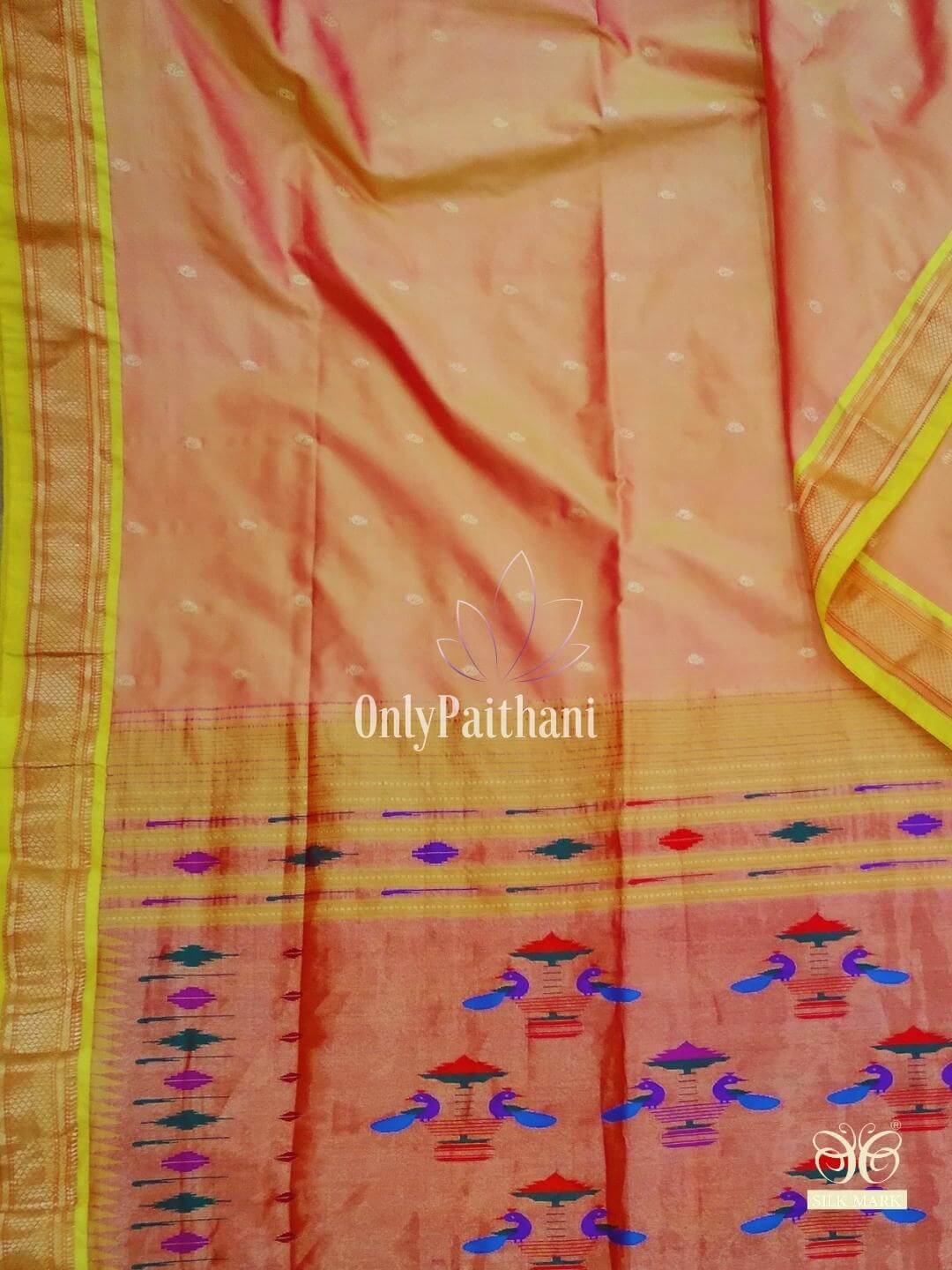 Two tone peach pure silk paithani with yellow border